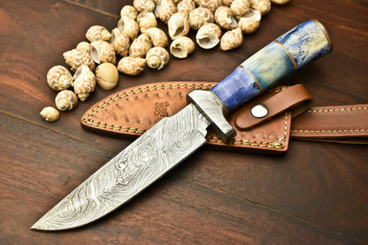 13.5" Handmade Damascus Bowie Knife | Camel Bone Handle | Outdoor Hunting