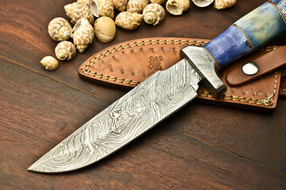 13.5" Handmade Damascus Bowie Knife | Camel Bone Handle | Outdoor Hunting