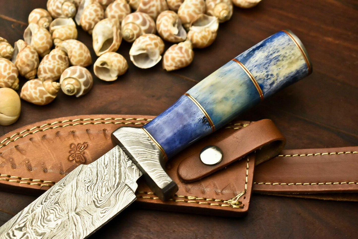 13.5" Handmade Damascus Bowie Knife | Camel Bone Handle | Outdoor Hunting