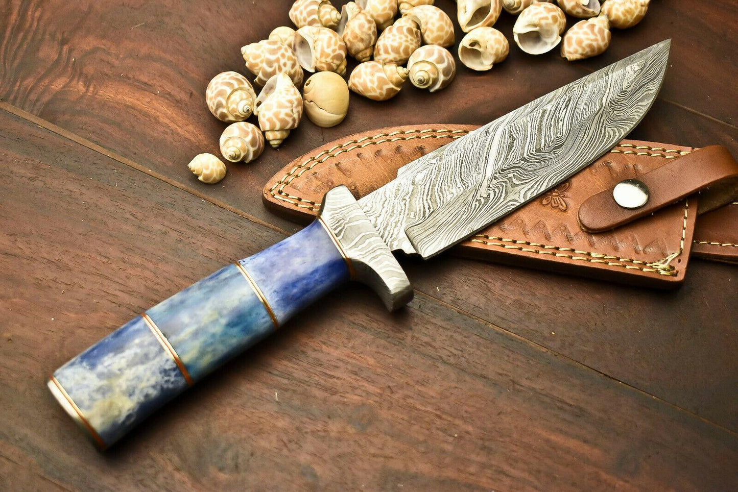 13.5" Handmade Damascus Bowie Knife | Camel Bone Handle | Outdoor Hunting