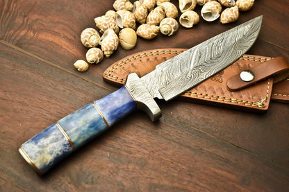 13.5" Handmade Damascus Bowie Knife | Camel Bone Handle | Outdoor Hunting
