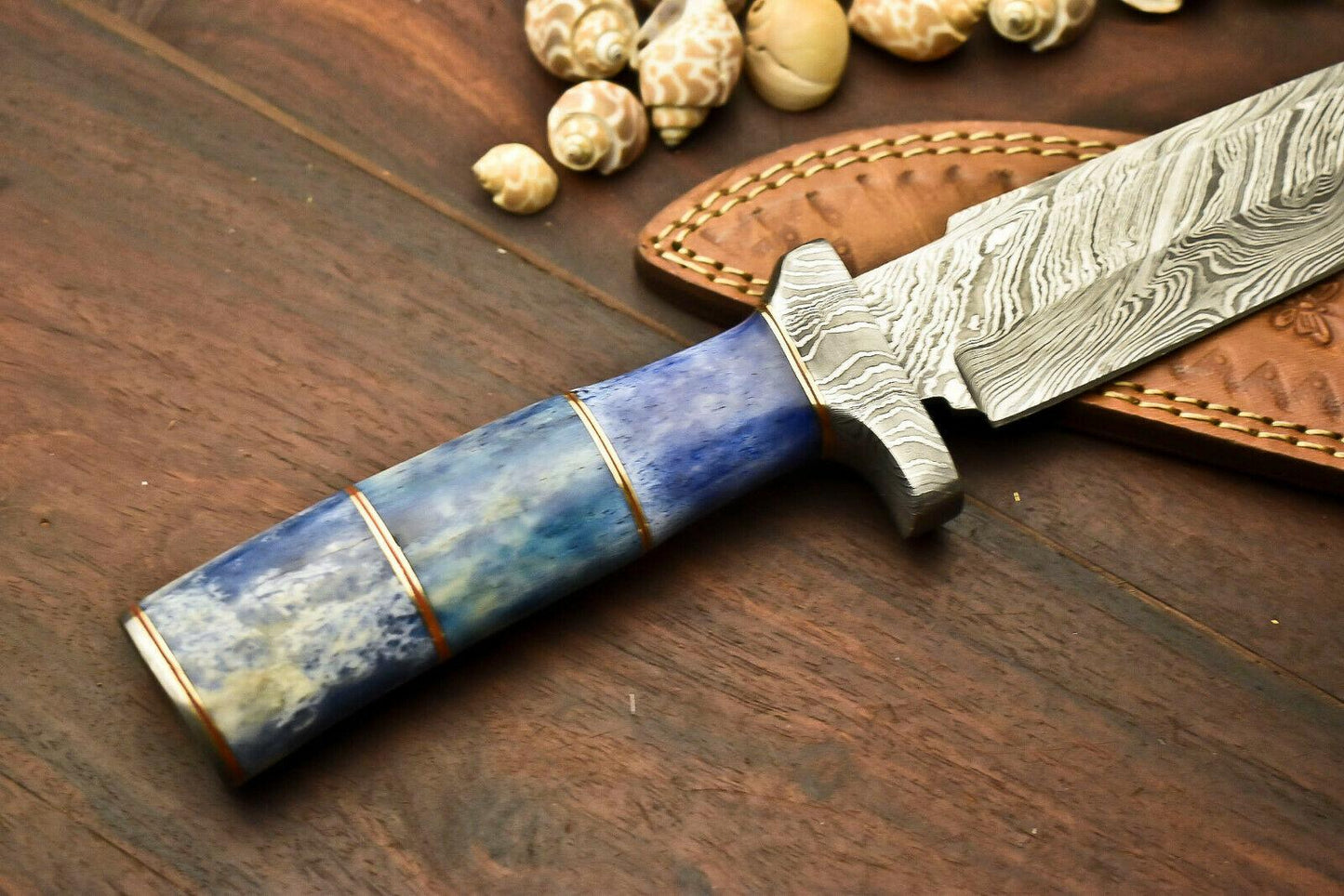 13.5" Handmade Damascus Bowie Knife | Camel Bone Handle | Outdoor Hunting