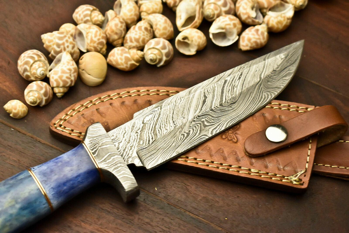 13.5" Handmade Damascus Bowie Knife | Camel Bone Handle | Outdoor Hunting