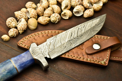 13.5" Handmade Damascus Bowie Knife | Camel Bone Handle | Outdoor Hunting