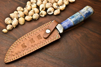 13.5" Handmade Damascus Bowie Knife | Camel Bone Handle | Outdoor Hunting