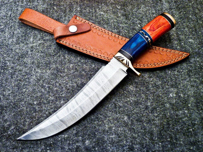13" Damascus Hunting Bowie Knife – Hardwood Handle | Full Tang with Sheath