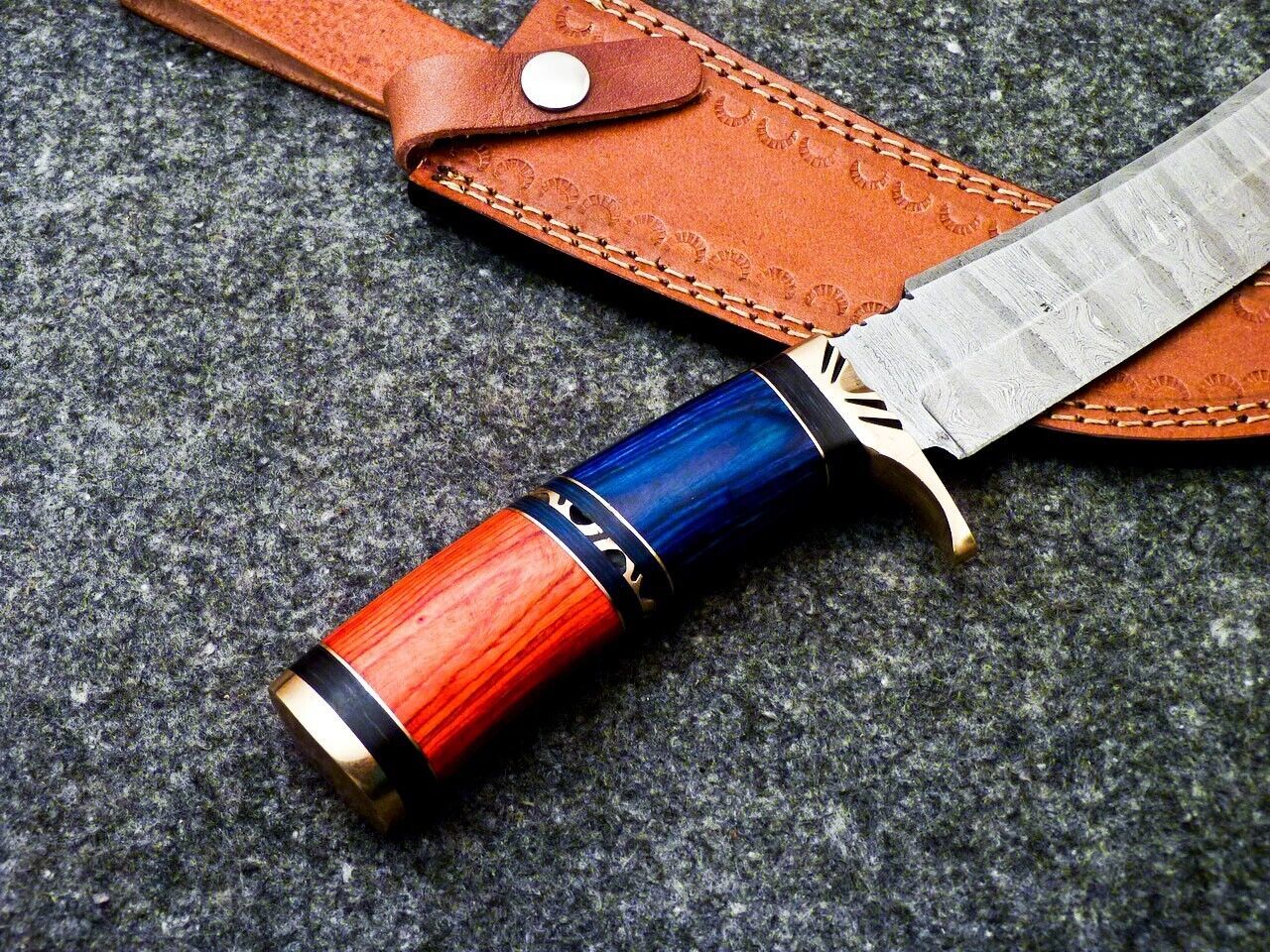 13" Damascus Hunting Bowie Knife – Hardwood Handle | Full Tang with Sheath