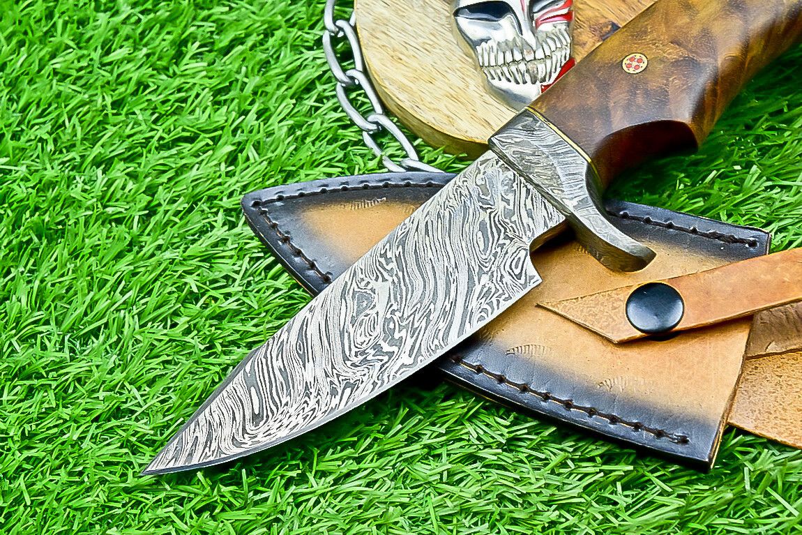 10" Damascus Bobcat Hunting Knife with Wood Handle & Steel Bolster – Handmade Full Tang Knife