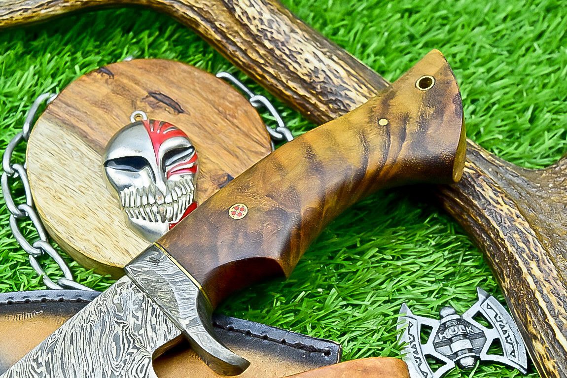 10" Damascus Bobcat Hunting Knife with Wood Handle & Steel Bolster – Handmade Full Tang Knife