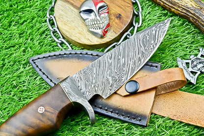 10" Damascus Bobcat Hunting Knife with Wood Handle & Steel Bolster – Handmade Full Tang Knife