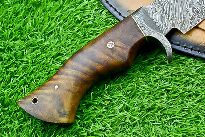 10" Damascus Bobcat Hunting Knife with Wood Handle & Steel Bolster – Handmade Full Tang Knife