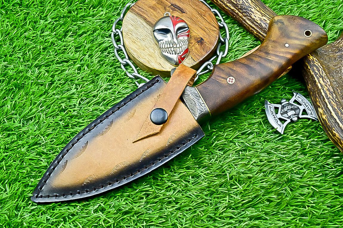 10" Damascus Bobcat Hunting Knife with Wood Handle & Steel Bolster – Handmade Full Tang Knife