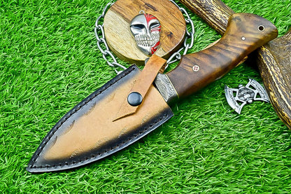 10" Damascus Bobcat Hunting Knife with Wood Handle & Steel Bolster – Handmade Full Tang Knife