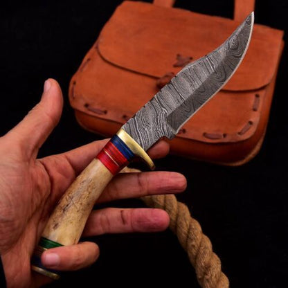 Heritage Forge Handmade Damascus Steel Bowie Knife with Stag Handle for Hunting and EDC – 10 Inch