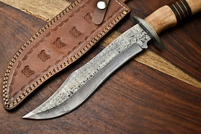 14" Damascus Bowie Knife – Olive Wood Handle & Leather Sheath