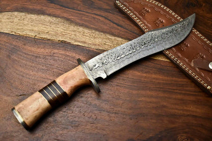 14" Damascus Bowie Knife – Olive Wood Handle & Leather Sheath