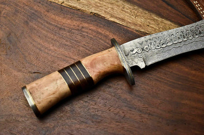 14" Damascus Bowie Knife – Olive Wood Handle & Leather Sheath