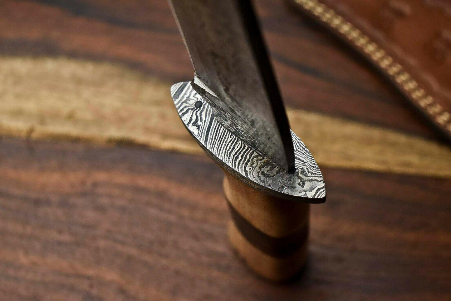 14" Damascus Bowie Knife – Olive Wood Handle & Leather Sheath