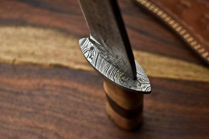 14" Damascus Bowie Knife – Olive Wood Handle & Leather Sheath