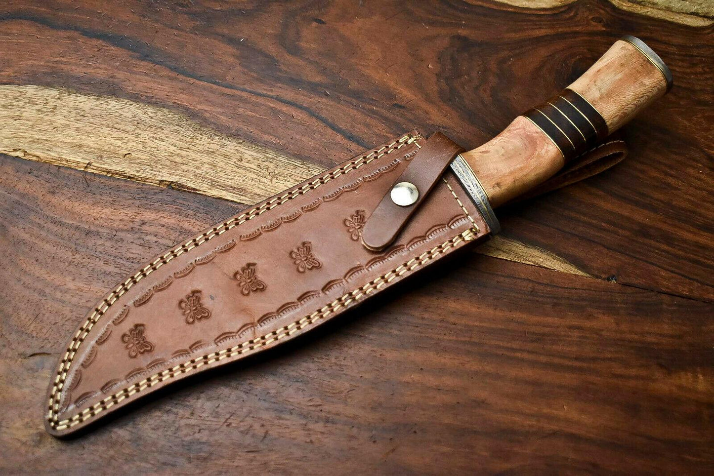 14" Damascus Bowie Knife – Olive Wood Handle & Leather Sheath