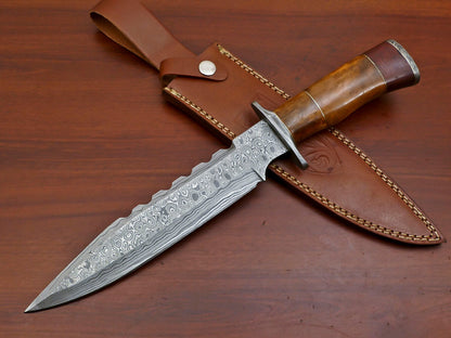 15" Custom Handmade Damascus Bowie Hunting & Camping Knife – Rose Wood & Camel Bone Handle