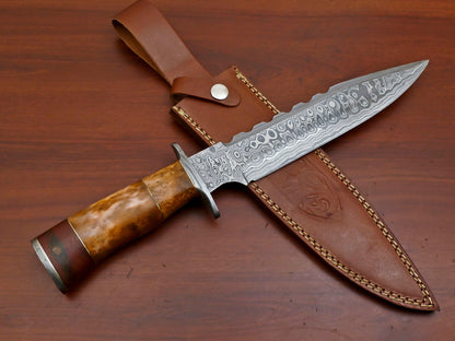 15" Custom Handmade Damascus Bowie Hunting & Camping Knife – Rose Wood & Camel Bone Handle