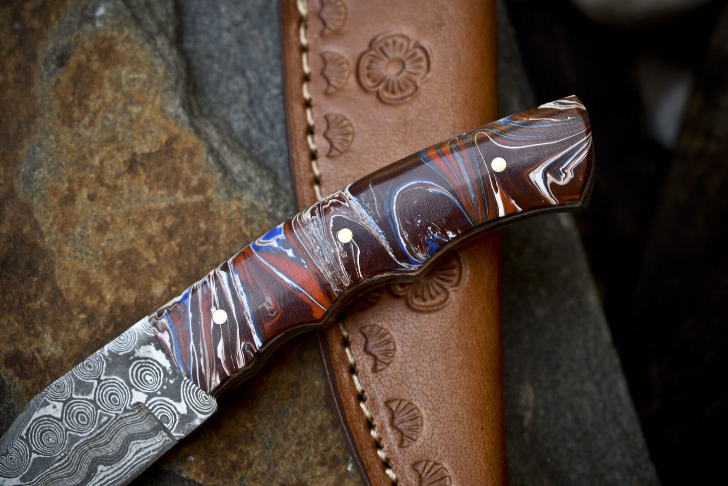 Custom Rain Drop Damascus Skinner Knife with Micarta Handle – 7" Handmade Outdoor Hunting Gift