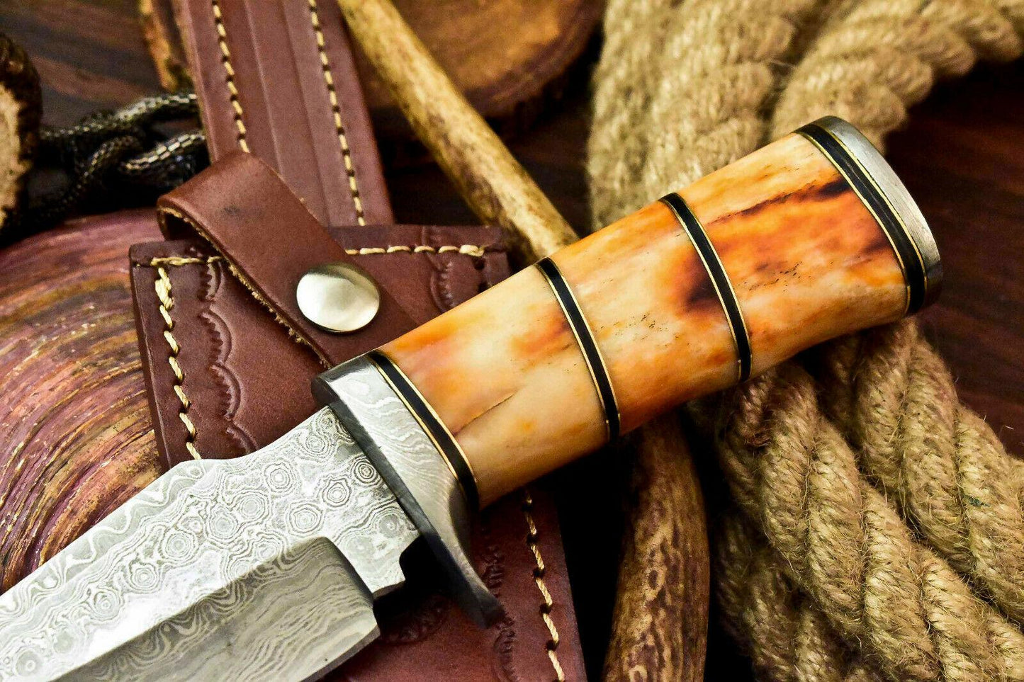 8.5" Custom Handmade Damascus Steel Bowie – Polished Camel Bone Handle & Leather Sheath