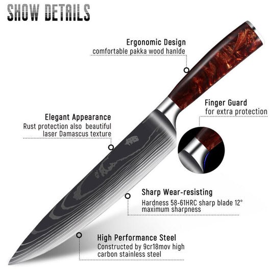 6PC Japanese Laser Damascus Pattern Kitchen Chef Knife Set with Scabbards