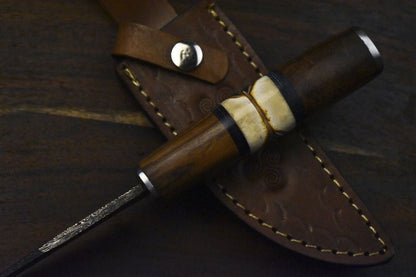 Handmade Damascus Skinner Knife Twist Pattern Bone and Wood Hunting Tool