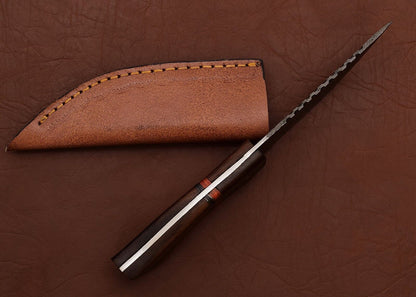 Damascus Steel Hunting Skinner Knife with Pakka Wood Handle and Wooden Bolster – 8 Inch Outdoor Blade with Leather Sheath