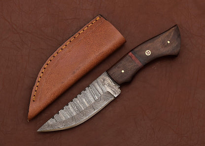 Damascus Steel Hunting Skinner Knife with Pakka Wood Handle and Wooden Bolster – 8 Inch Outdoor Blade with Leather Sheath