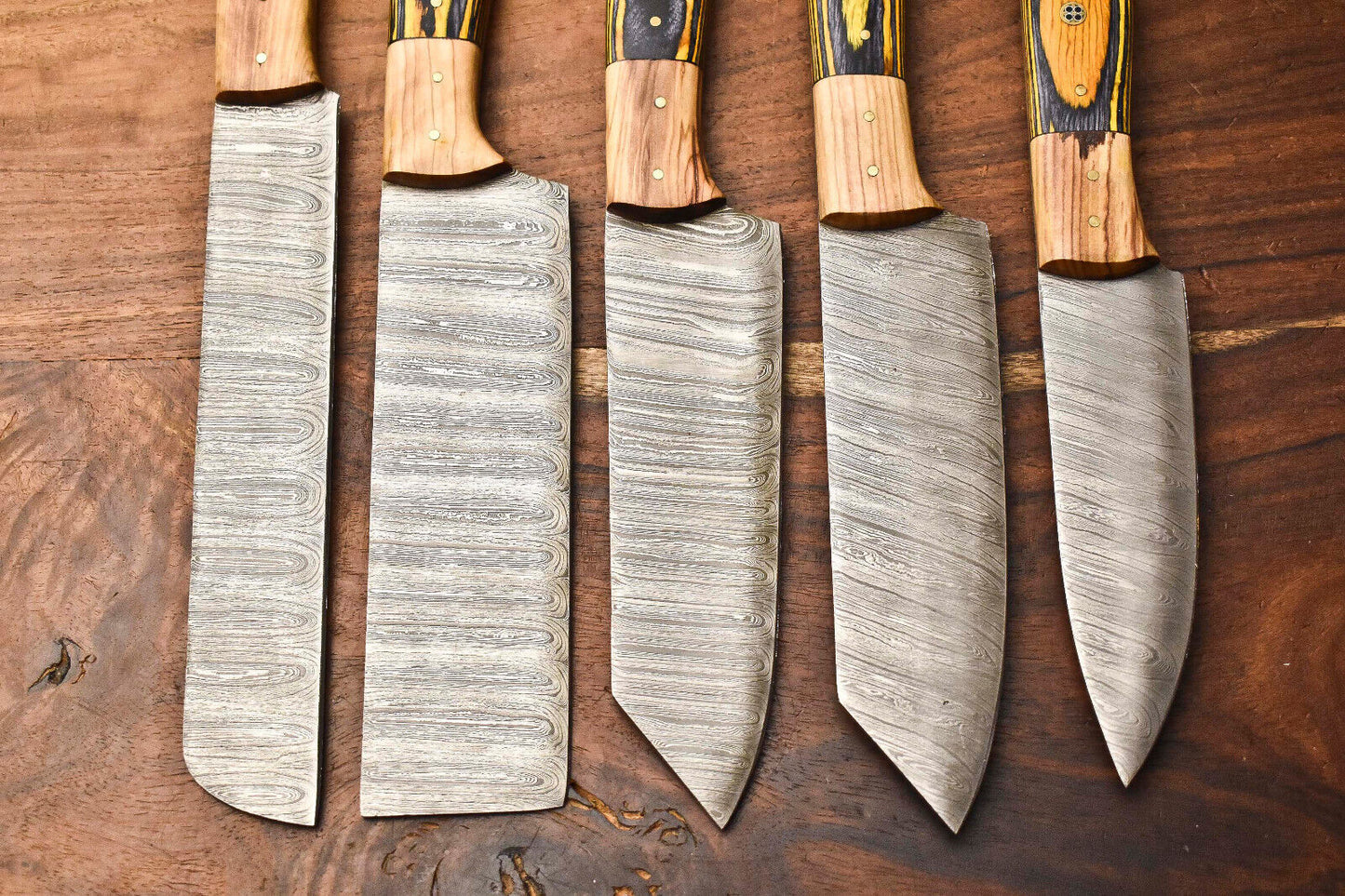 Custom Lot of 5 Handmade Hammered Damascus Steel Chef Knife Set – Full Tang Kitchen Blades