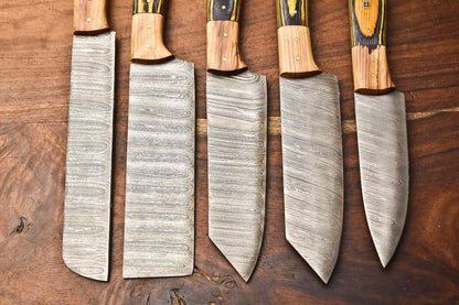 Custom Lot of 5 Handmade Hammered Damascus Steel Chef Knife Set – Full Tang Kitchen Blades