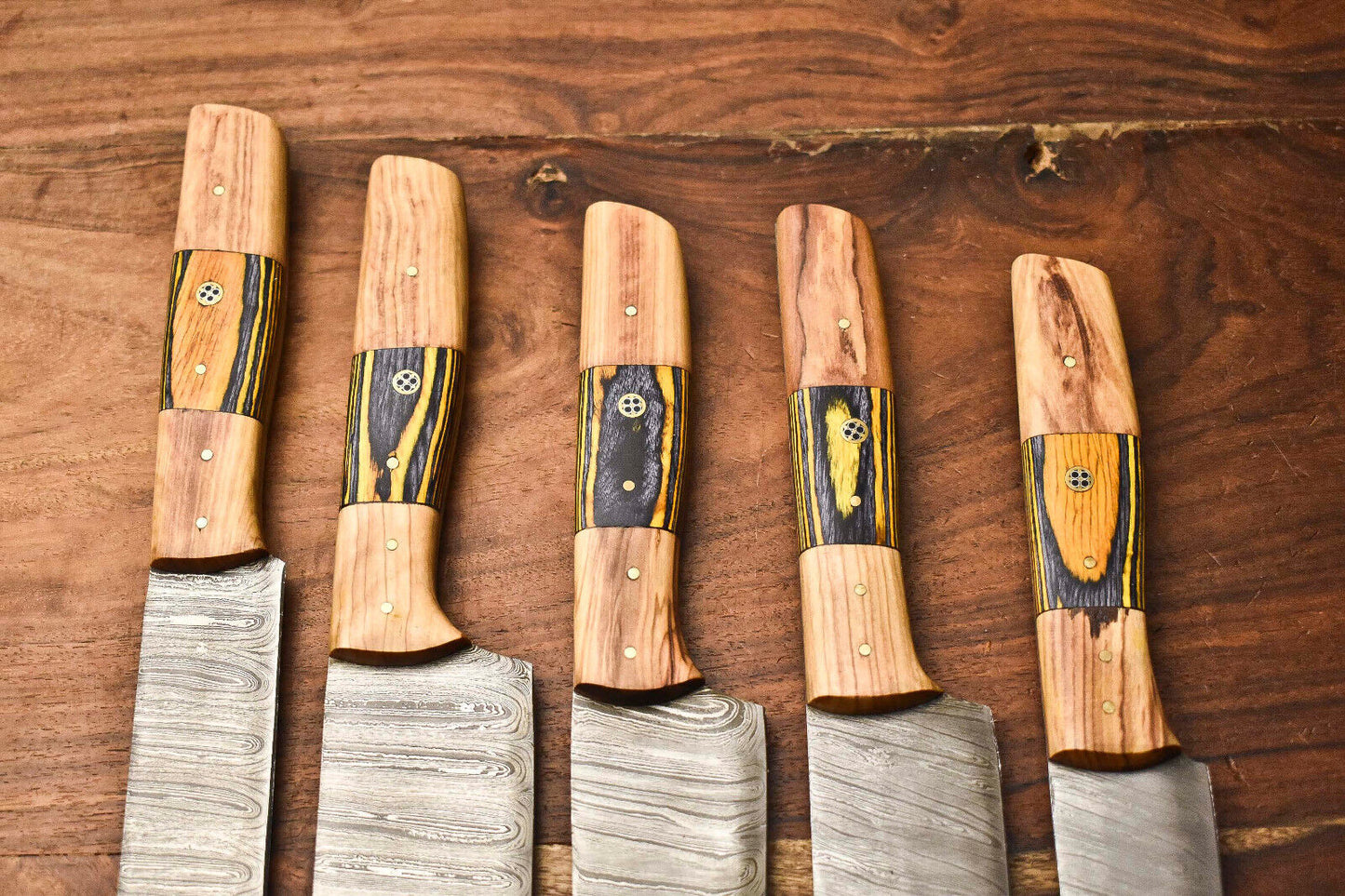 Custom Lot of 5 Handmade Hammered Damascus Steel Chef Knife Set – Full Tang Kitchen Blades