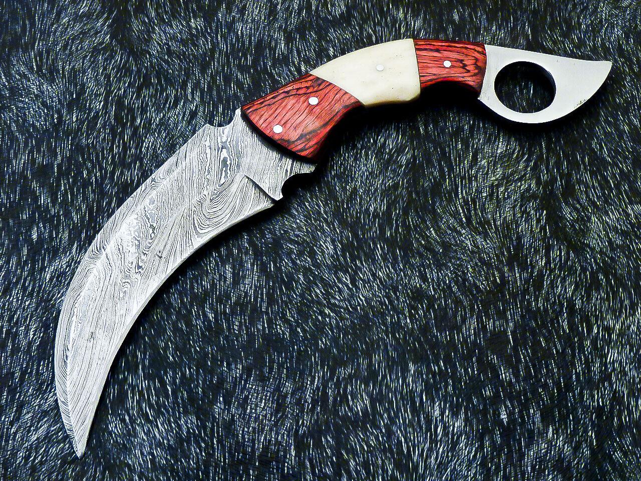 10” Hand Forged Damascus Karambit Knife Damascus Steel Karambit with wood & Bone Handle