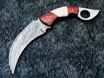 10” Hand Forged Damascus Karambit Knife Damascus Steel Karambit with wood & Bone Handle