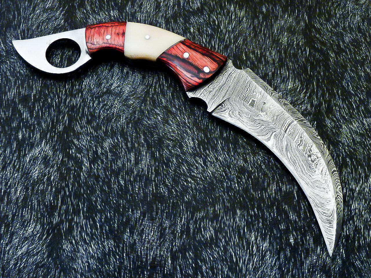 10” Hand Forged Damascus Karambit Knife Damascus Steel Karambit with wood & Bone Handle