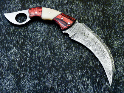 10” Hand Forged Damascus Karambit Knife Damascus Steel Karambit with wood & Bone Handle