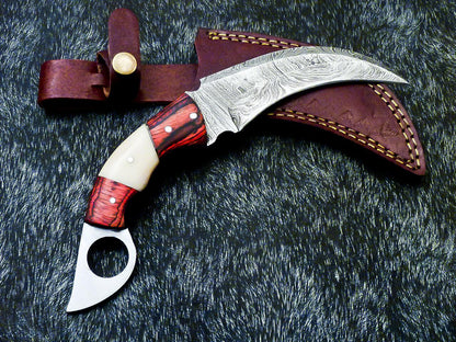 10” Hand Forged Damascus Karambit Knife Damascus Steel Karambit with wood & Bone Handle