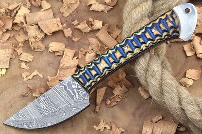 Custom Handmade Forged Damascus Steel Kitchen Chef Knife – White & Blue Dollar Sheet Handle