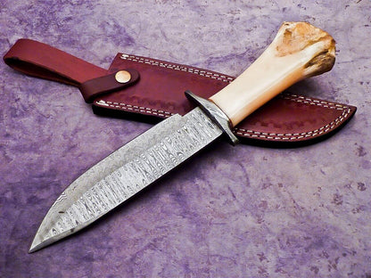 13 Inch Custom Handmade Damascus Steel Bowie Knife with Camel Bone Handle and Steel Guard