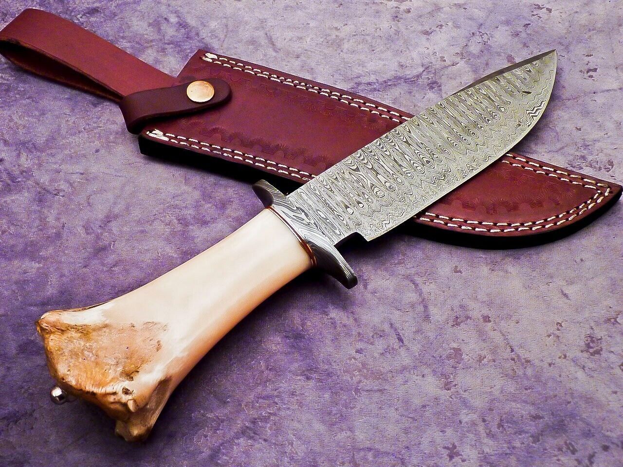 13 Inch Custom Handmade Damascus Steel Bowie Knife with Camel Bone Handle and Steel Guard