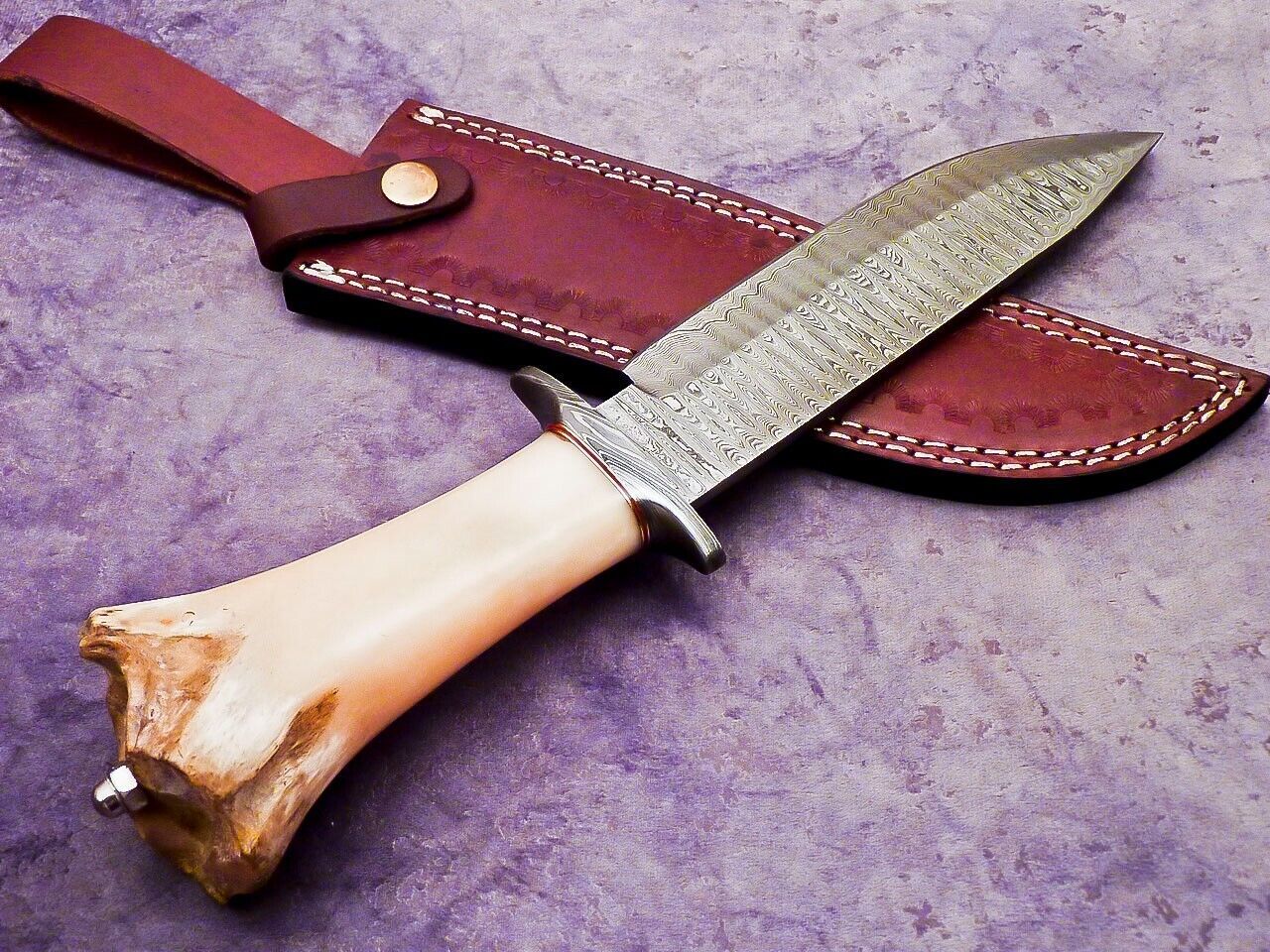 13 Inch Custom Handmade Damascus Steel Bowie Knife with Camel Bone Handle and Steel Guard