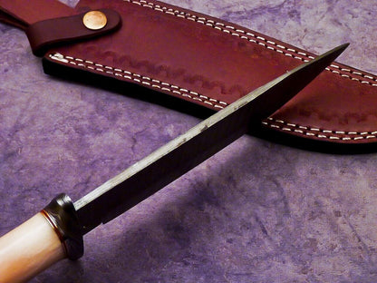 13 Inch Custom Handmade Damascus Steel Bowie Knife with Camel Bone Handle and Steel Guard