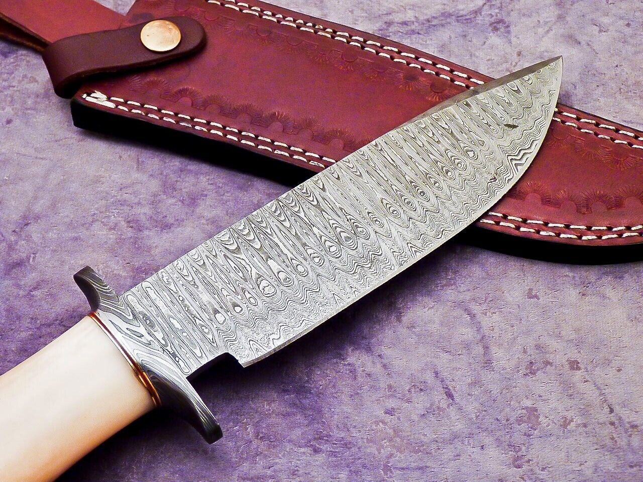 13 Inch Custom Handmade Damascus Steel Bowie Knife with Camel Bone Handle and Steel Guard
