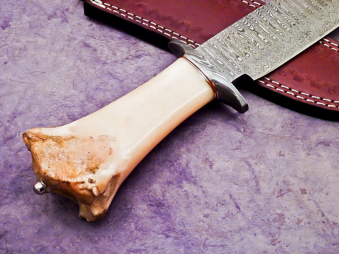13 Inch Custom Handmade Damascus Steel Bowie Knife with Camel Bone Handle and Steel Guard