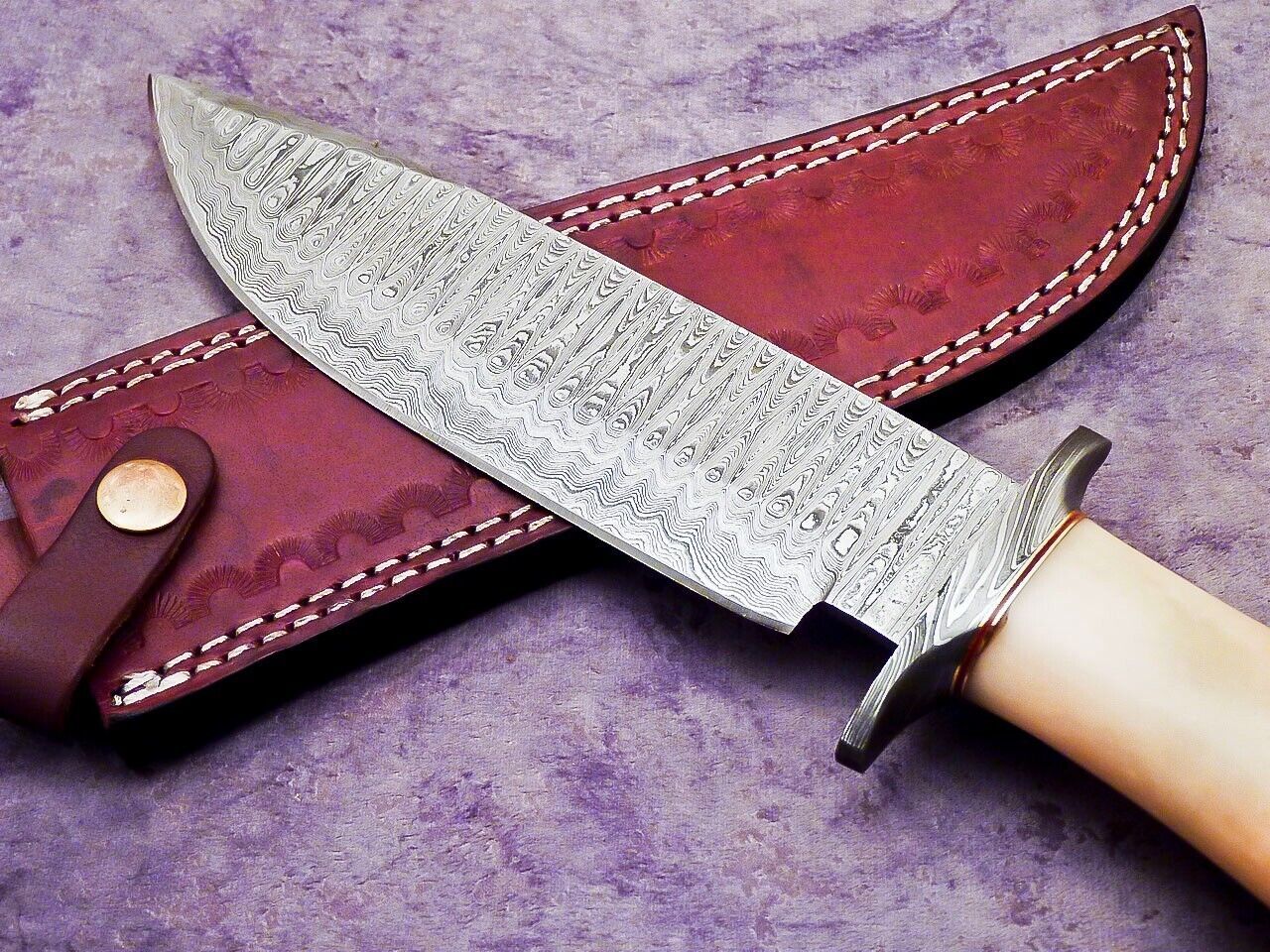 13 Inch Custom Handmade Damascus Steel Bowie Knife with Camel Bone Handle and Steel Guard