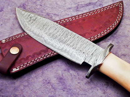 13 Inch Custom Handmade Damascus Steel Bowie Knife with Camel Bone Handle and Steel Guard