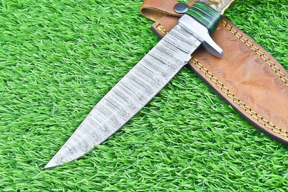 12 Inch Damascus Bowie Knife with Ram Horn and Wood Handle